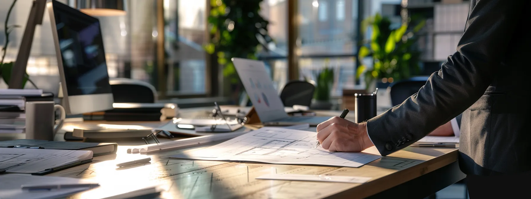 Man reviewing renovation plans and financial documents on desk