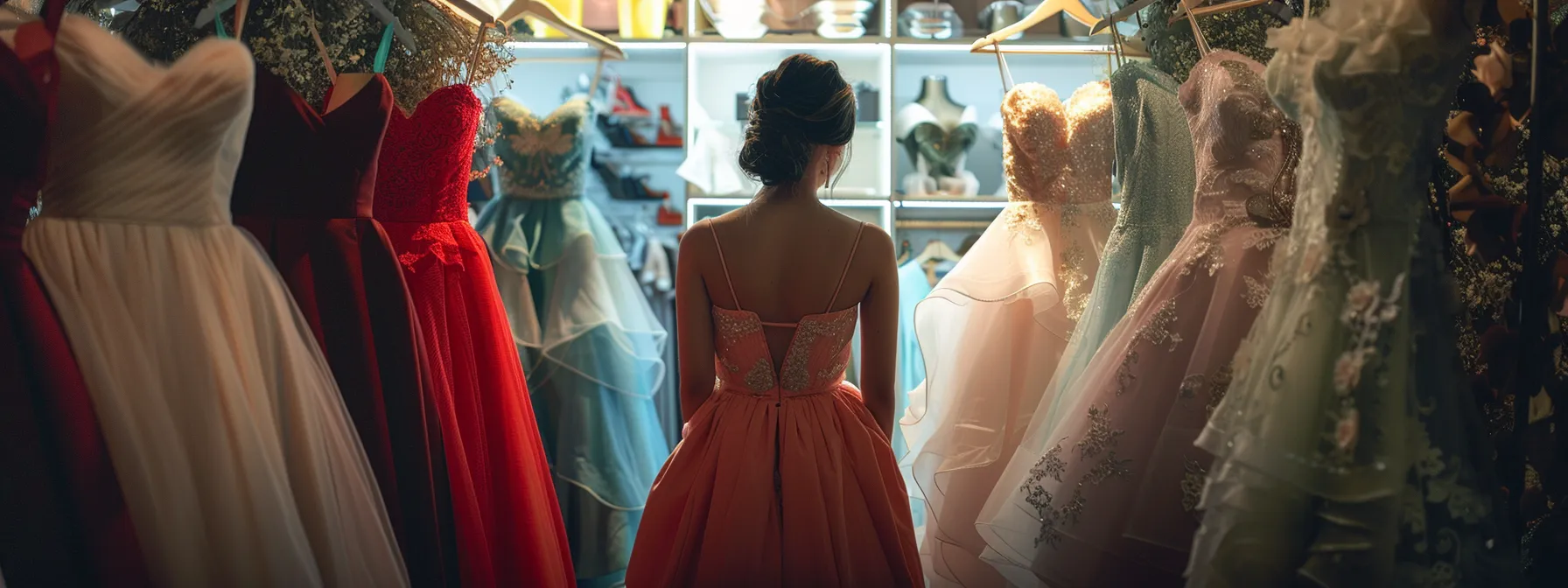 Woman viewing selection of special occasion dresses in boutique.