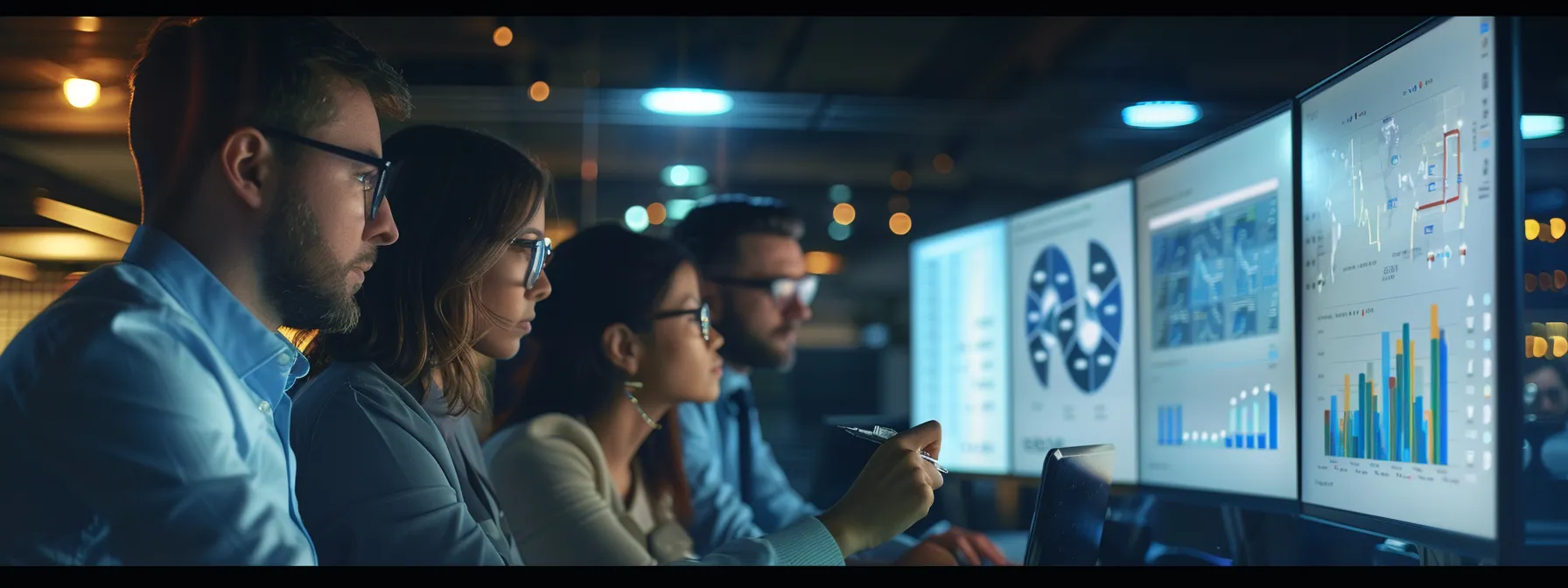 Team analyzing data on multiple monitors illustrating ERP system integration.
