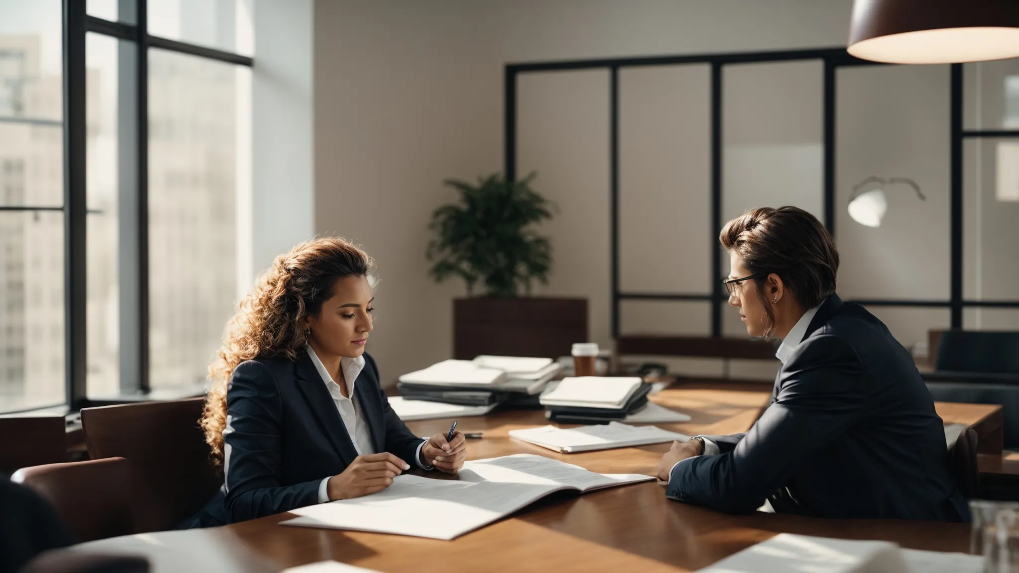 Professional lawyer consulting with client in office setting discussing legal representation.