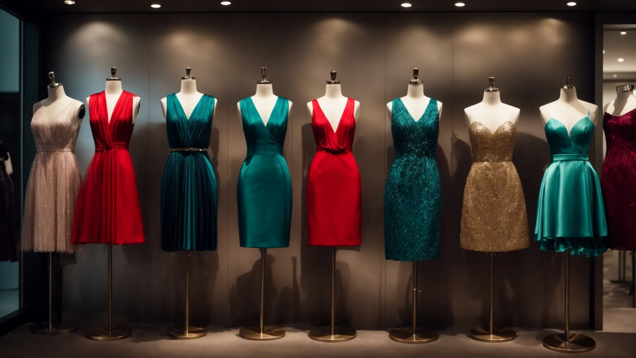 Collection of glamorous cocktail dresses in various styles and colors.