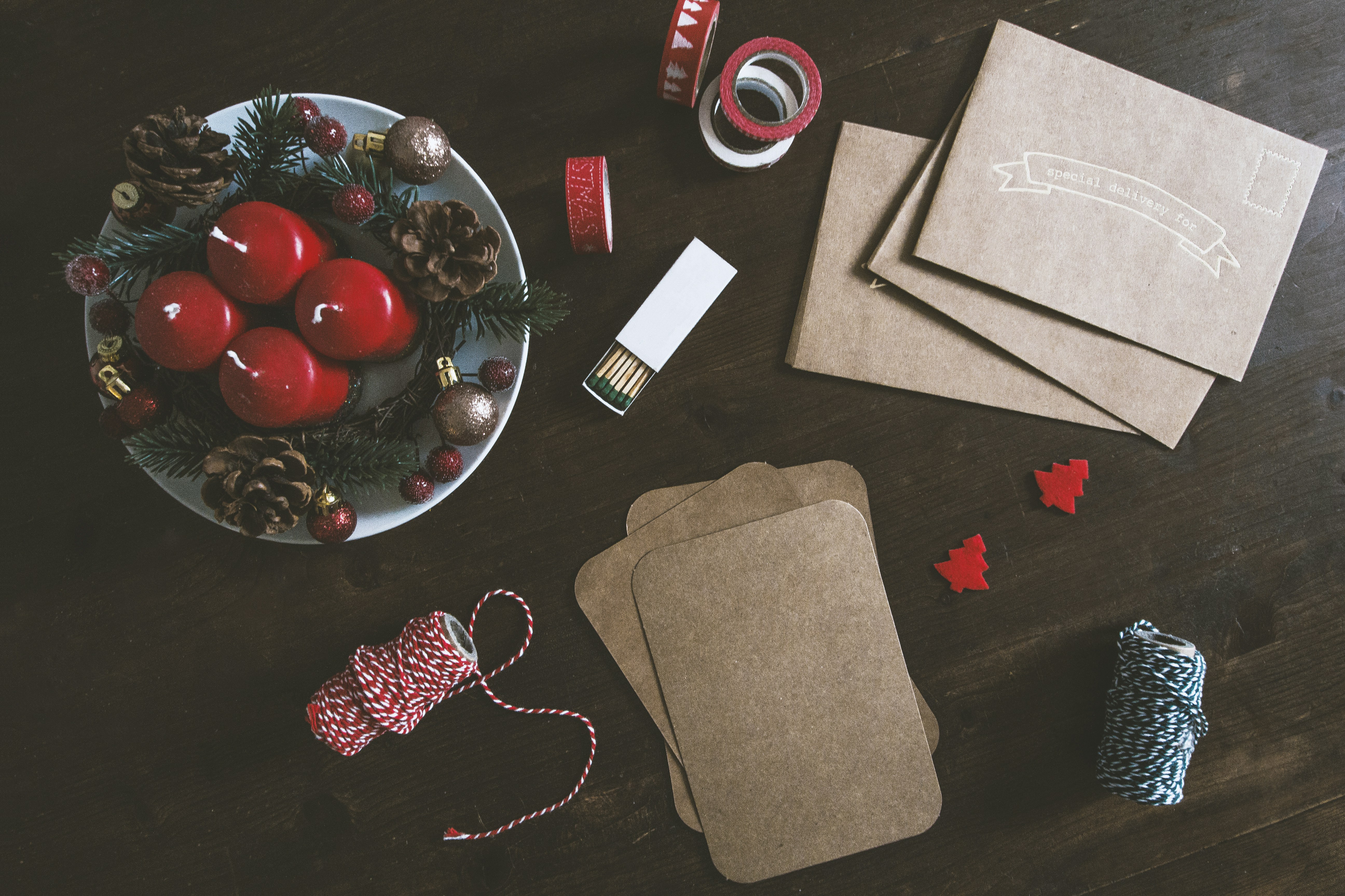 Holiday gift wrapping supplies and blank cards for personalized presents.