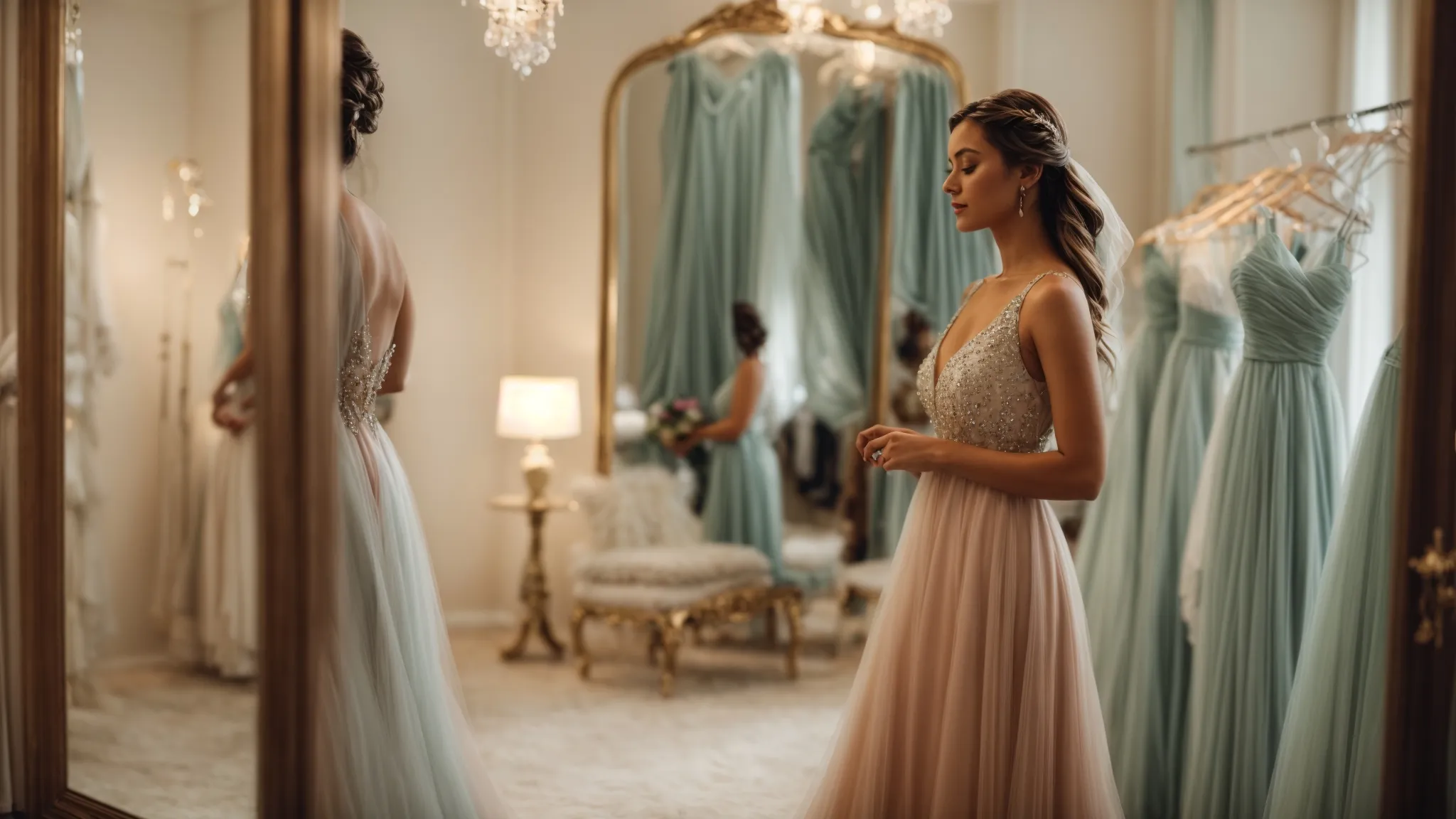 Woman gracefully trying on a flowing dress for a special occasion, reflecting in a mirror.