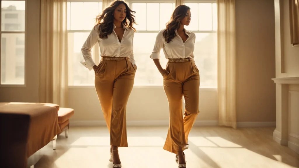 a woman confidently strides across a sunlit room, her figure accentuated by elegant, form-fitting curvy pants paired with a chic blouse.