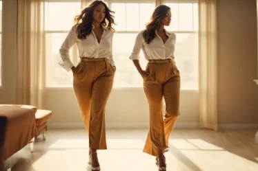 a woman confidently strides across a sunlit room, her figure accentuated by elegant, form-fitting curvy pants paired with a chic blouse.