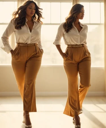 a woman confidently strides across a sunlit room, her figure accentuated by elegant, form-fitting curvy pants paired with a chic blouse.
