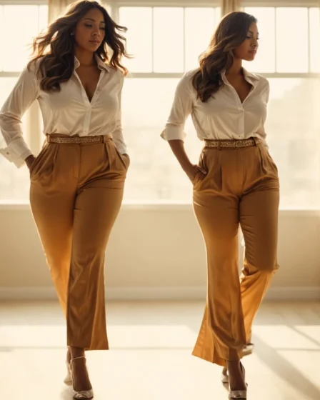 a woman confidently strides across a sunlit room, her figure accentuated by elegant, form-fitting curvy pants paired with a chic blouse.