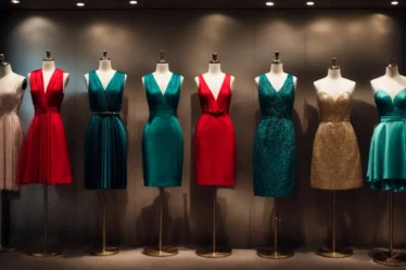 a collection of glamorous cocktail dresses in various colors and styles displayed on mannequins.
