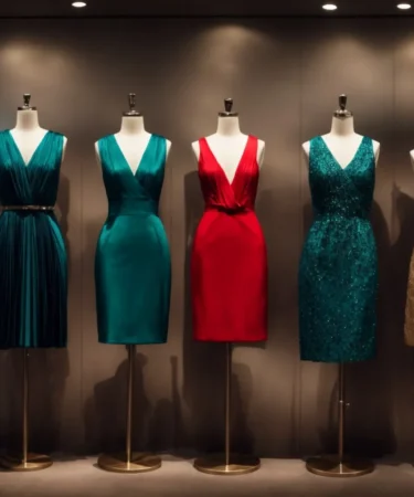 a collection of glamorous cocktail dresses in various colors and styles displayed on mannequins.