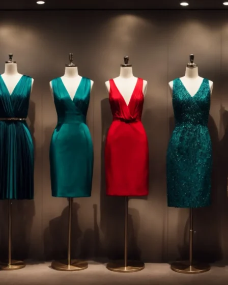 a collection of glamorous cocktail dresses in various colors and styles displayed on mannequins.