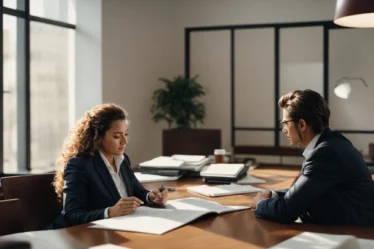 a professional lawyer sits across from a client in a bright office, discussing documents.