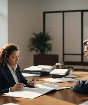 a professional lawyer sits across from a client in a bright office, discussing documents.