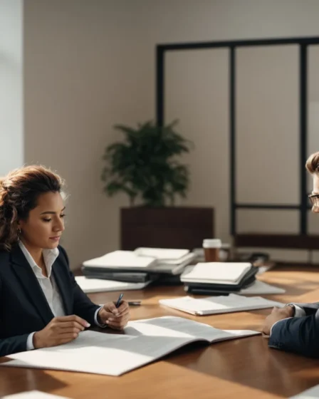 a professional lawyer sits across from a client in a bright office, discussing documents.