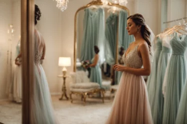 a woman gracefully trying on a flowing dress in front of a large mirror in an elegant boutique.