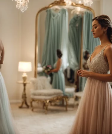a woman gracefully trying on a flowing dress in front of a large mirror in an elegant boutique.