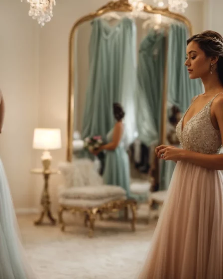 a woman gracefully trying on a flowing dress in front of a large mirror in an elegant boutique.