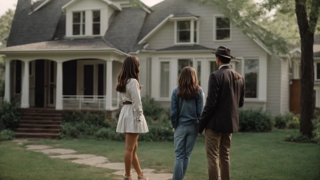 a young couple consults a real estate agent in front of a dated house needing renovations.
