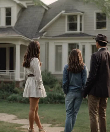 a young couple consults a real estate agent in front of a dated house needing renovations.