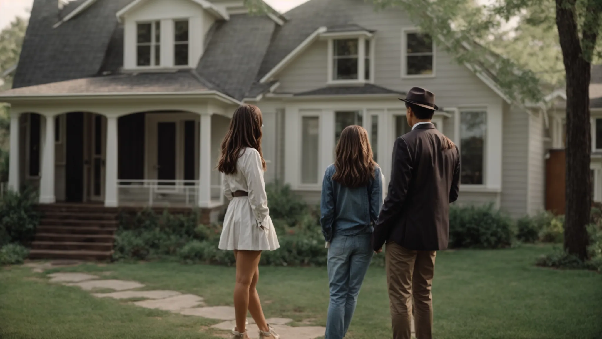 a young couple consults a real estate agent in front of a dated house needing renovations.