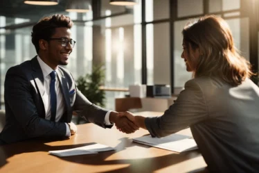 a person dressed in business attire smiles as they shake hands with a hiring manager across a desk in a sunlit office.