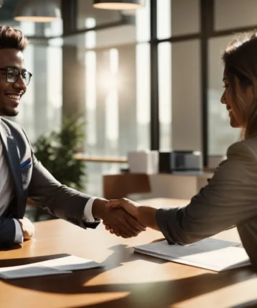 a person dressed in business attire smiles as they shake hands with a hiring manager across a desk in a sunlit office.