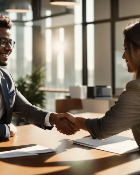 a person dressed in business attire smiles as they shake hands with a hiring manager across a desk in a sunlit office.