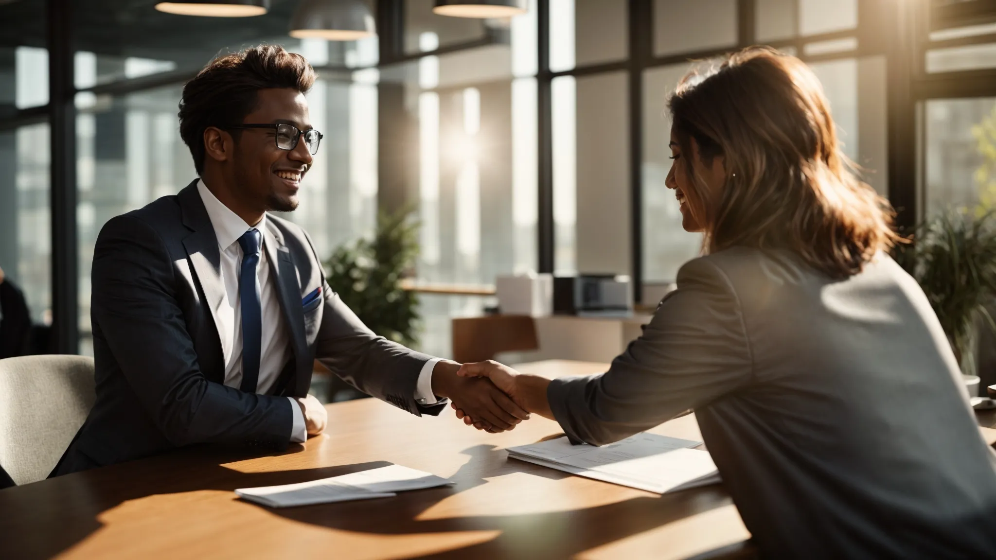 a person dressed in business attire smiles as they shake hands with a hiring manager across a desk in a sunlit office.