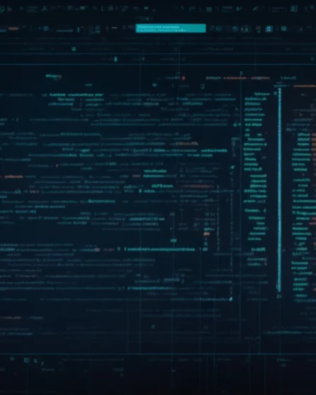a computer screen displaying lines of php code with glowing icons representing different functionalities surrounding it.
