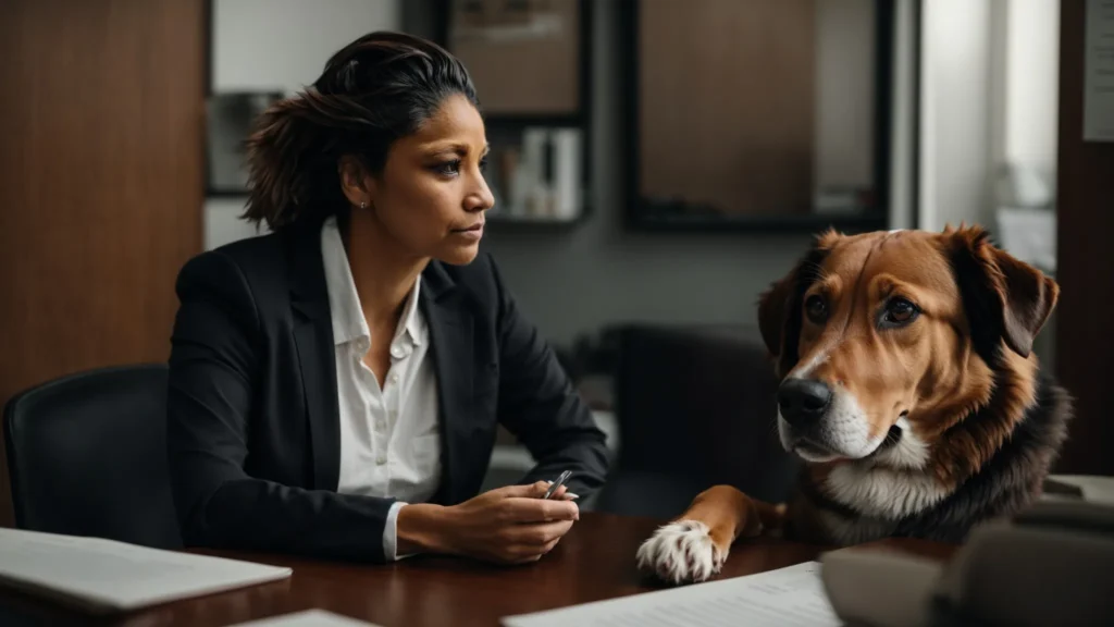 a concerned dog owner consulting with an attorney in a professional office.
