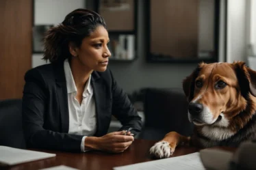a concerned dog owner consulting with an attorney in a professional office.