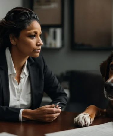 a concerned dog owner consulting with an attorney in a professional office.