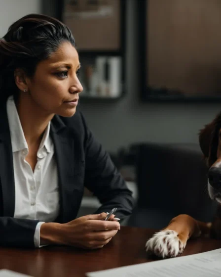 a concerned dog owner consulting with an attorney in a professional office.