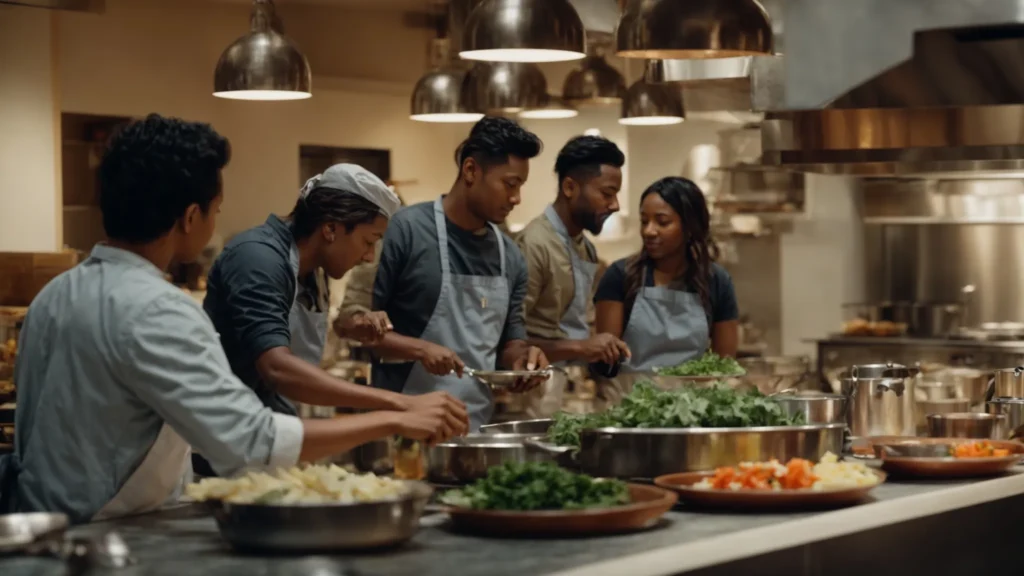 a group of people gathered around a large kitchen island, cooking various dishes under the guidance of a chef.