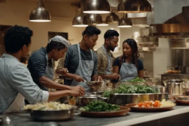 a group of people gathered around a large kitchen island, cooking various dishes under the guidance of a chef.