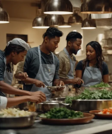 a group of people gathered around a large kitchen island, cooking various dishes under the guidance of a chef.