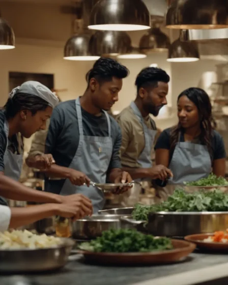 a group of people gathered around a large kitchen island, cooking various dishes under the guidance of a chef.