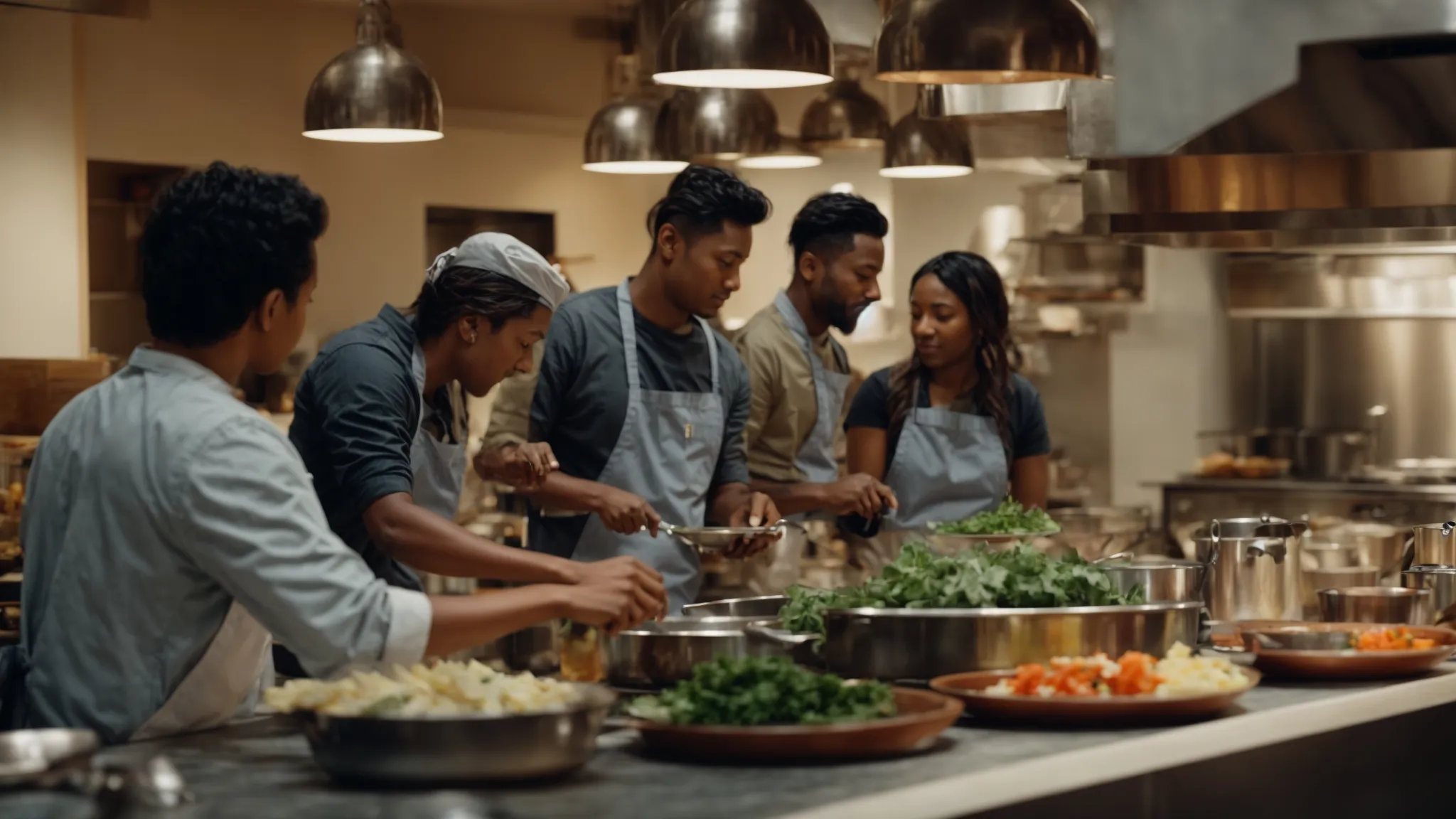 a group of people gathered around a large kitchen island, cooking various dishes under the guidance of a chef.