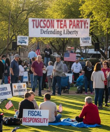 Community members engaging in political discussions at a Tucson Tea Party event