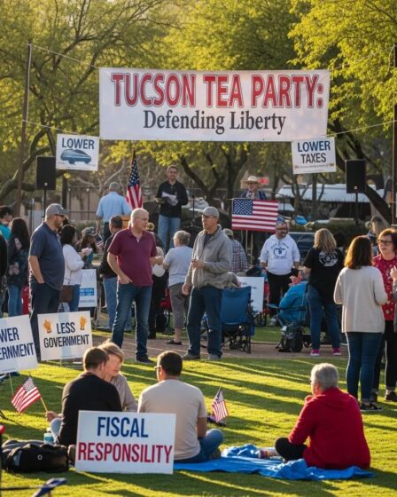 Community members engaging in political discussions at a Tucson Tea Party event