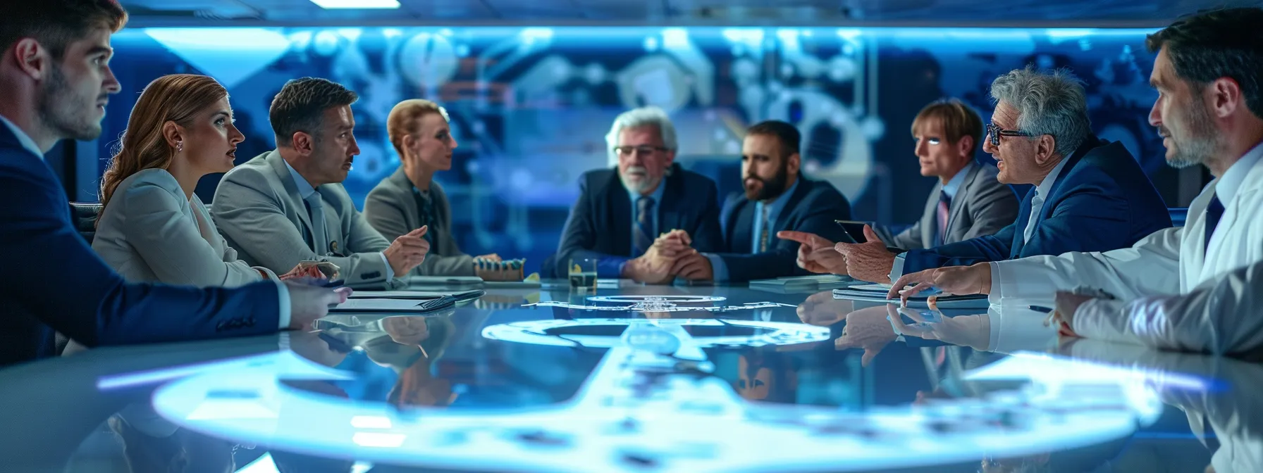 a group of business professionals gathered around a table, pointing to a large anchor symbol, discussing the benefits of ai medical scribes on patient-doctor interactions and workflow efficiency.