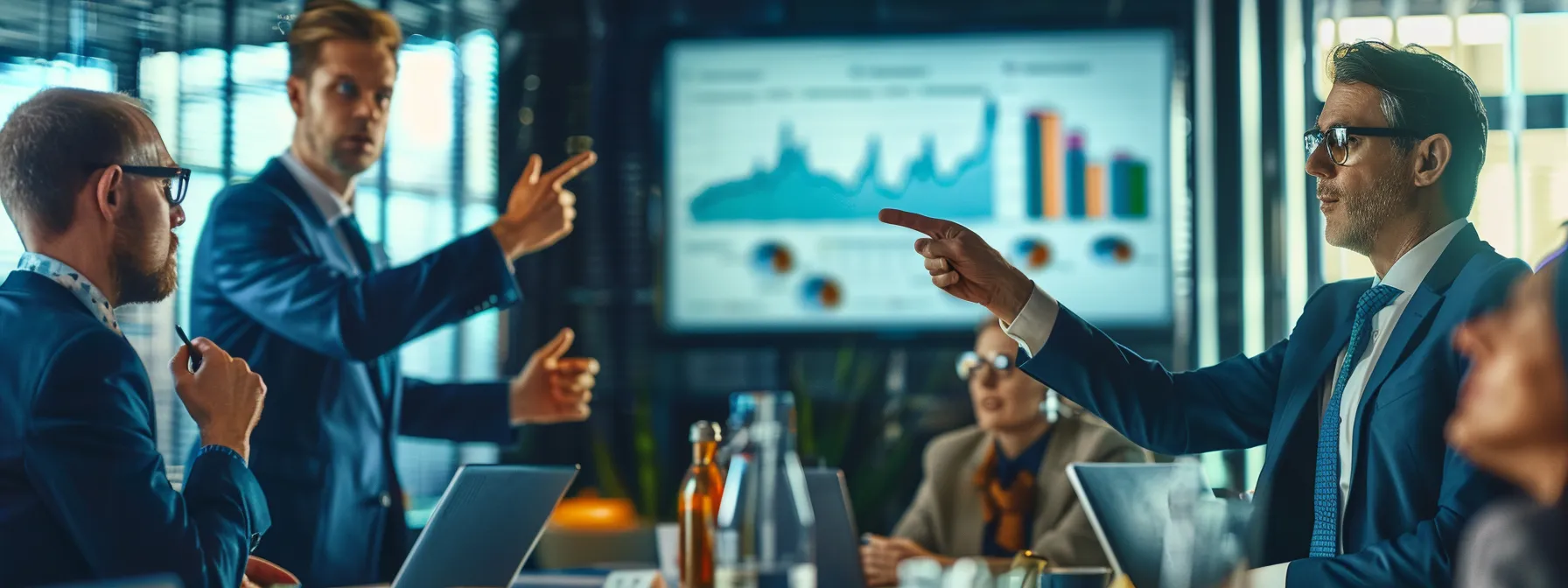 a group of professionals in a boardroom pointing at a chart showing cost savings and efficiency gains with erp integration.