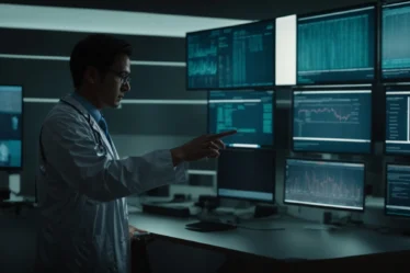a doctor stands in front of a computer screen displaying patient data while gesturing towards an ai interface on another screen.