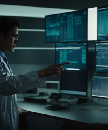 a doctor stands in front of a computer screen displaying patient data while gesturing towards an ai interface on another screen.