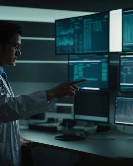 a doctor stands in front of a computer screen displaying patient data while gesturing towards an ai interface on another screen.
