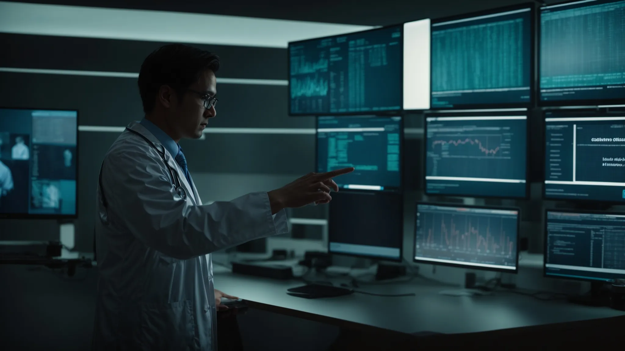 a doctor stands in front of a computer screen displaying patient data while gesturing towards an ai interface on another screen.